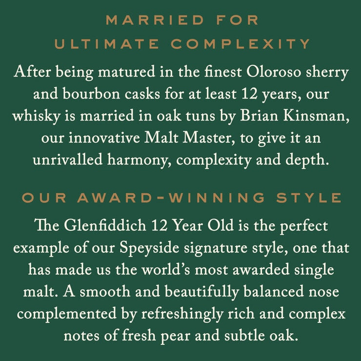 Glenfiddich 12 Year Old single malt whisky 70cl, imported from the UK