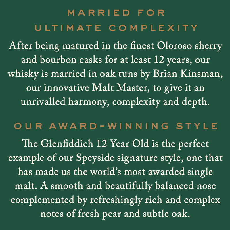 Glenfiddich 12 Year Old single malt whisky 70cl, imported from the UK