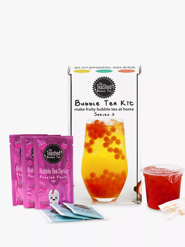 The Tea Shed Bubble Tea Kit with Passion Fruit Syrup and Strawberry Popping Boba 400g
