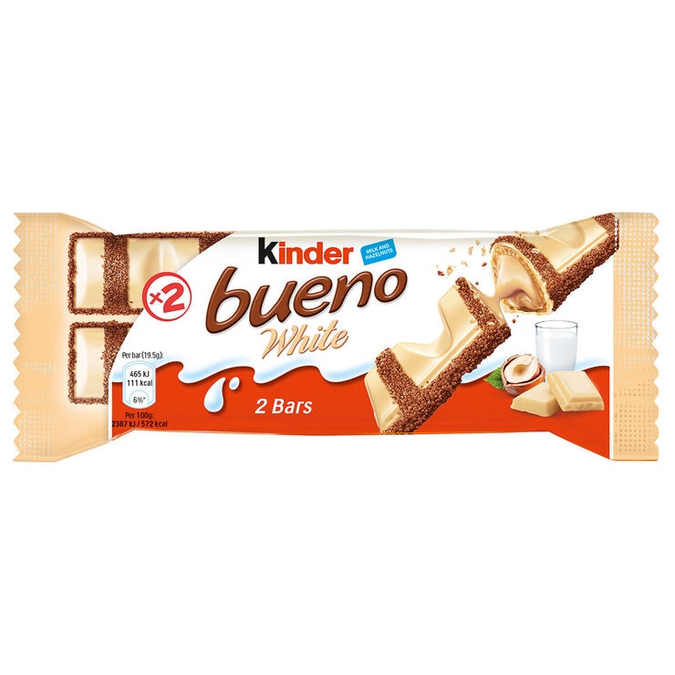 Kinder Bueno white chocolate bar with hazelnut and wafer 39g, imported from the UK